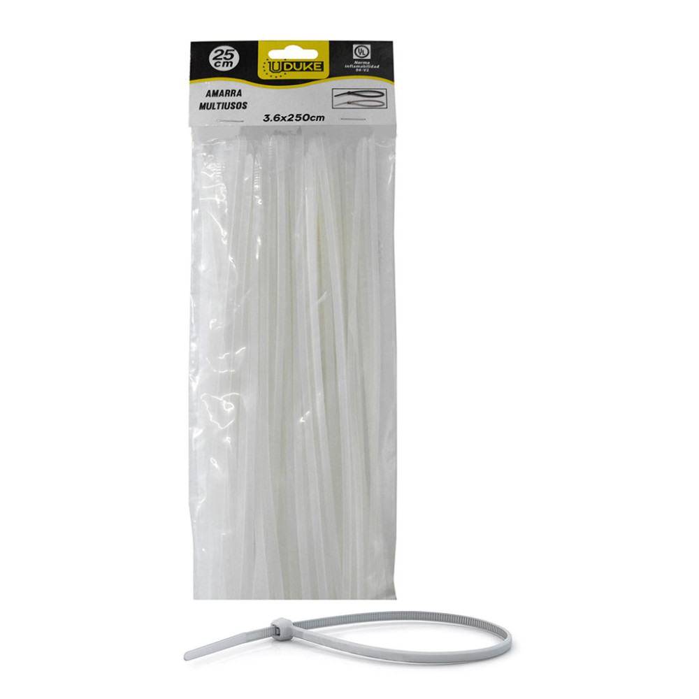 NYLON CABLE TIE UDUKE WHITE 3.6 X 250 MM 25 CM 100 PCS
