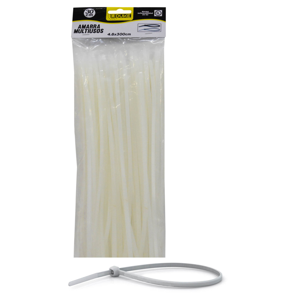 AMARRA CORREA PLASTICA BLANCA
4.8 x 300 MM  30 CM  100 UND