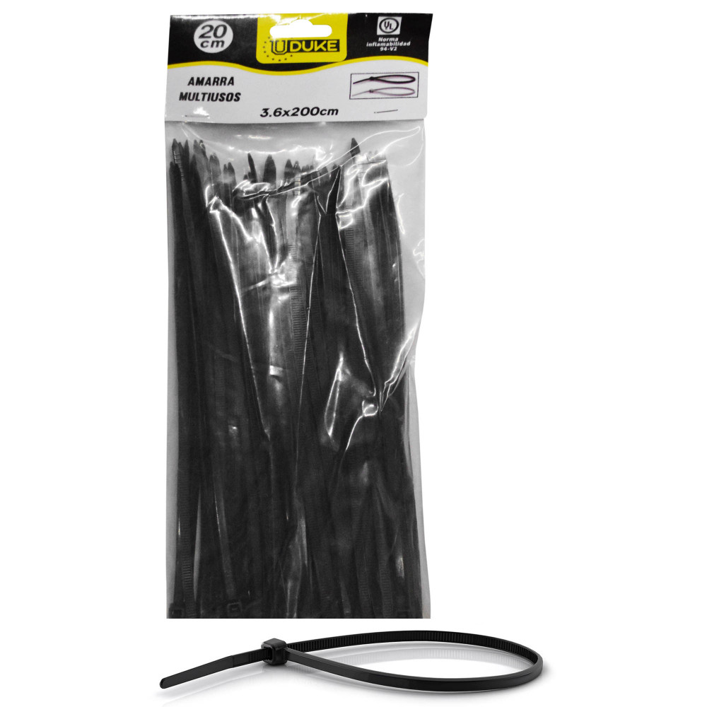 AMARRA CORREA PLASTICA NEGRA 3.6 x 200 MM 20 CM 100 UND