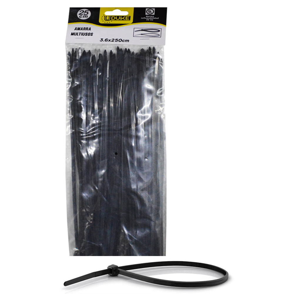 AMARRA CORREA PLASTICA NEGRA 3.6 x 250 MM 25 CM 100 UND