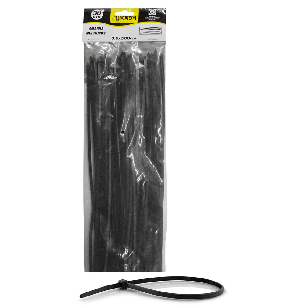 AMARRA CORREA PLASTICA NEGRA  3.6 x 300 MM 30 CM 100 UND