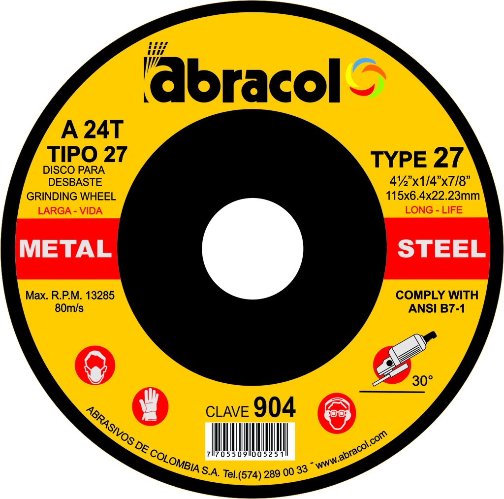ABRACOL GRINDING WHEEL TYPE 27 A24T 7" 180 X 6.4 X 22.23MM METAL STEEL