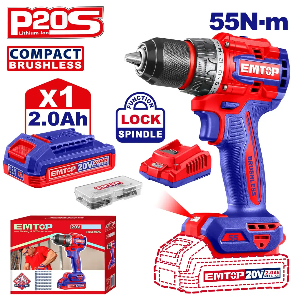 TALADRO INALAMBRICO  1/2" 20V 55 N.M FUNCION DE IMPACTO INCLUYE 1  BATERIA DE 2.0AH, CARGADOR,47 ACCESORIOS