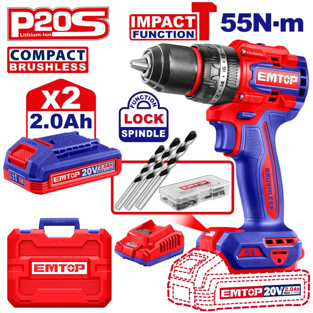 TALADRO INALAMBRICO  1/2" 20V 55 N.M FUNCION DE IMPACTO INCLUYE 2  BATERIA DE 2.0AH, CARGADOR,47 ACCESORIOS,3 BROCAS CONCRETO INDUSTRIAL 