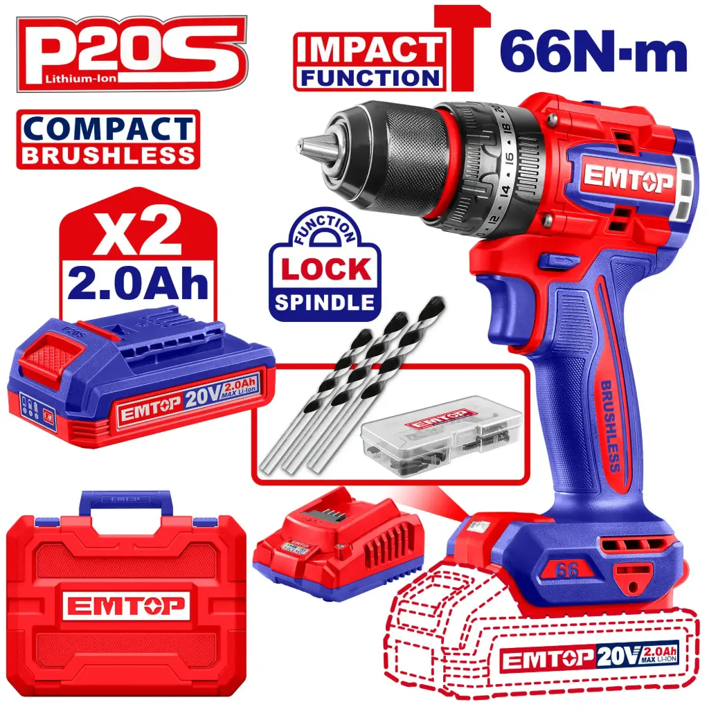 COMPACT BRUSHLESS CORDLESS IMPACT DRILL 1/2" 20V EMTOP