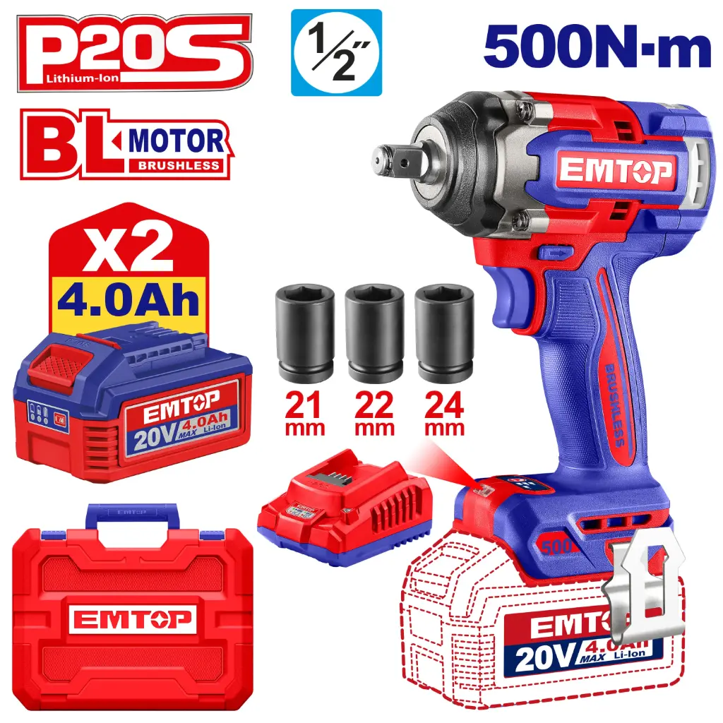 LLAVE IMPACTO DADO CUADRADO 1/2"  MOTOR SIN ESCOBILLAS  500 N.M INCLUYE 2 BATERIAS DE 2.0AH , CARGADOR  Y 3 DADOS 21,22,24MM 
