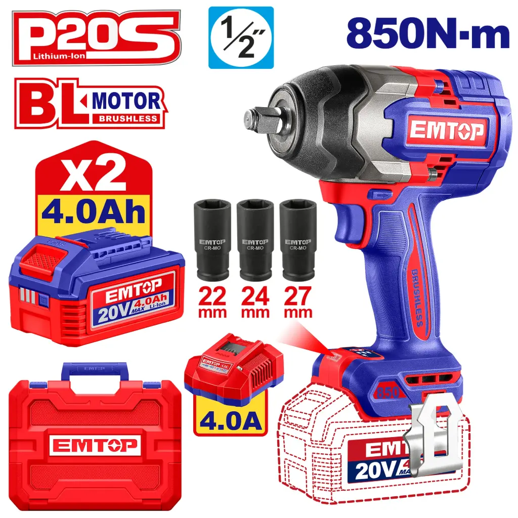 LLAVE IMPACTO DADO CUADRADO 1/2"  MOTOR SIN ESCOBILLAS  850 N.M INCLUYE 2 BATERIAS DE 2.0AH , CARGADOR  Y 3 DADOS 22,2,27MM 