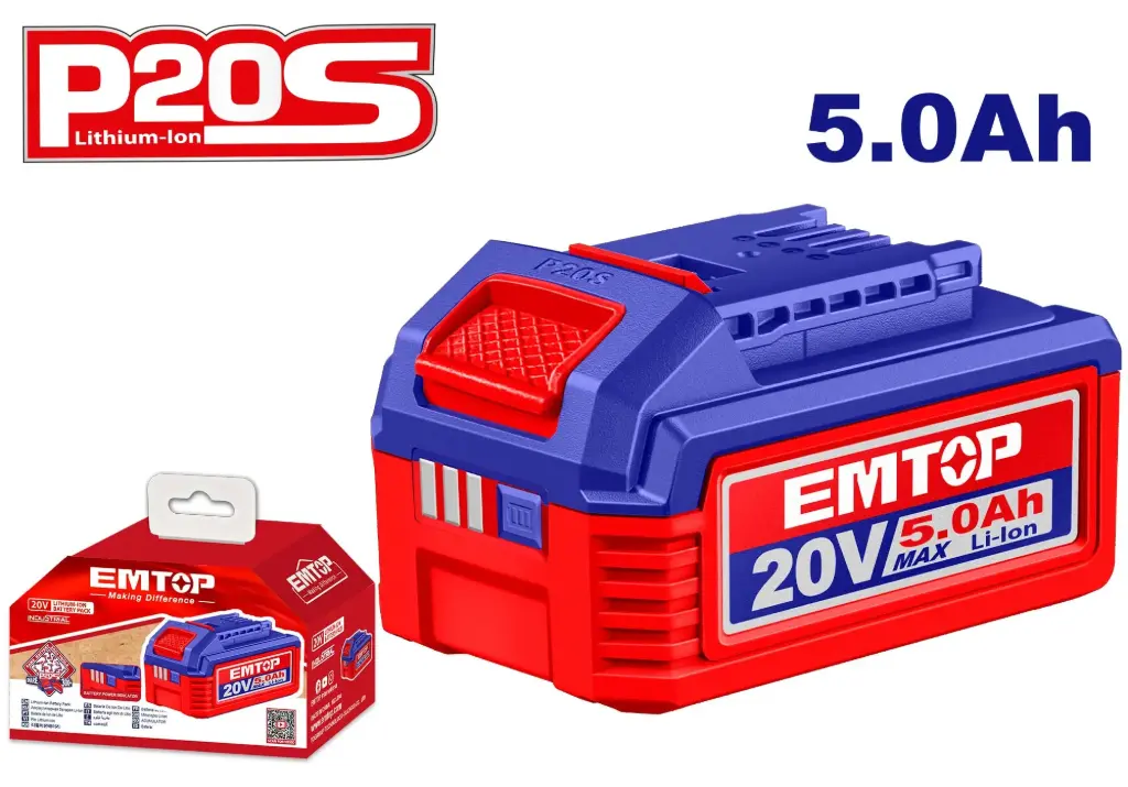 LITHIUM-ION BATTERY WITH LED POWER INDICATOR 20 V 5.0 AH, COMPATIBLE WITH P20S CORDLESS TOOLS EMTOP