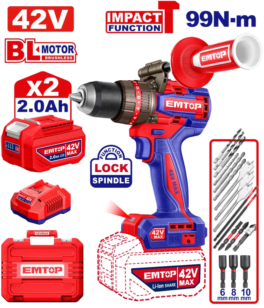 TALADRO INALAMBRICO 99N.M 42V FUNCION DE IMPACTO, MOTOR SIN ESCOBILLAS INCLUYE 2 BATERIAS 2.0AH, CARGADOR Y ACCESORIOS T