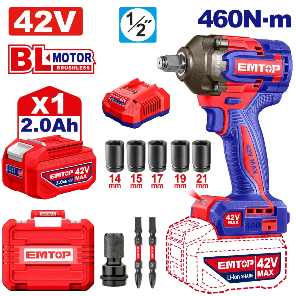 LLAVE IMPACTO DADO CUADRADO 1/2" 42V 460NM  MOTOR SIN ESCOBILLAS INCLUYE 1 BATERIA 2.0AH, CARGAODR Y ACCESORIOS.
