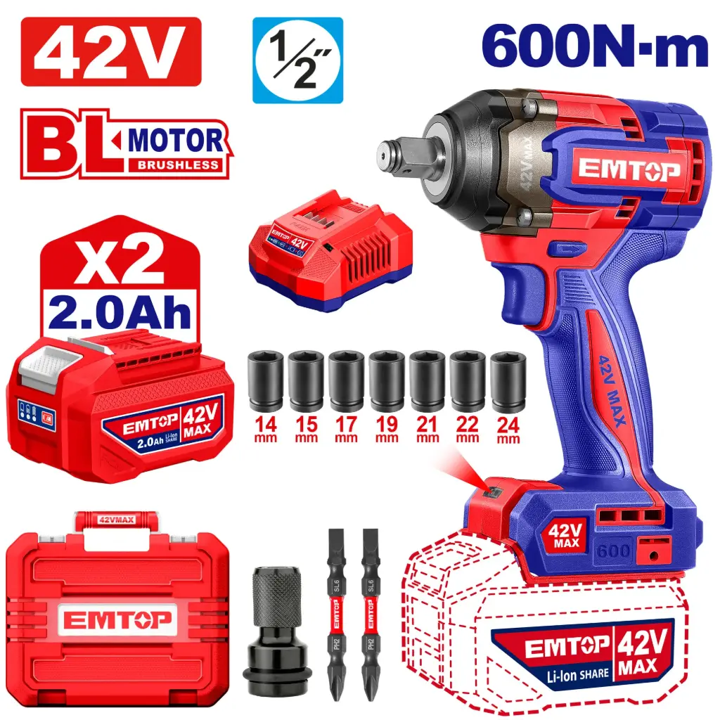 LLAVE IMPACTO DADO CUADRADO 1/2" 42V 600NM  MOTOR SIN ESCOBILLAS INCLUYE 2 BATERIA 2.0AH, CARGAODR Y ACCESORIOS.