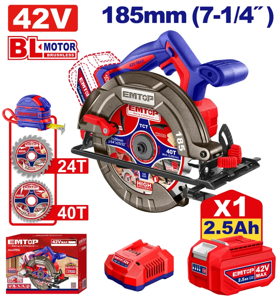 SIERRA CIRCULAR 42V DISCO 7-1/4" (185MM) MOTOR SIN ESCOBILLAS  4800 RPM CORTE 45°-45MM Y 90°-65MM INCLUYE 1 BATERIA 2.5AH, CARGADOR Y ACCESORIOS 