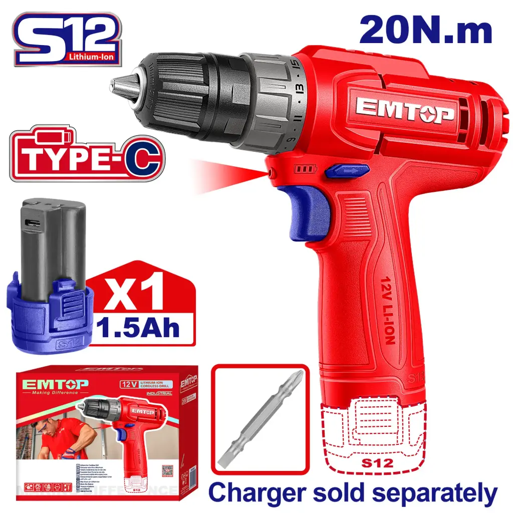 CORDLESS DRILL 12V 3/8" 10 MM EMTOP