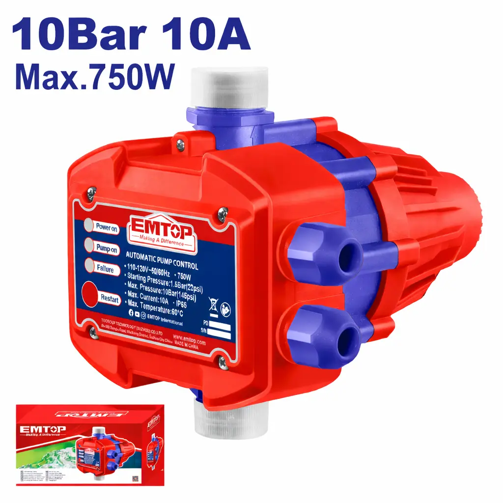  AUTOMATIC WATER PUMP PRESSURE CONTROLLER, 110–120 V, 50/60 HZ, MAX POWER 750 W, 10 BAR, 10 A, IP65 PROTECTION EMTOP