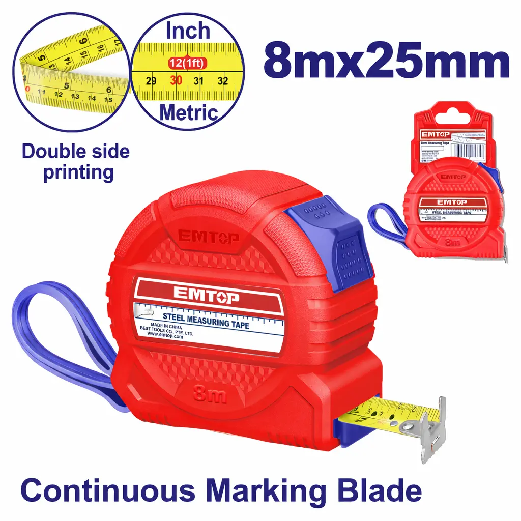 MEASURING TAPE DOUBLE SIDED NYLON COATED 8 MTS X 25 MM EMTOP