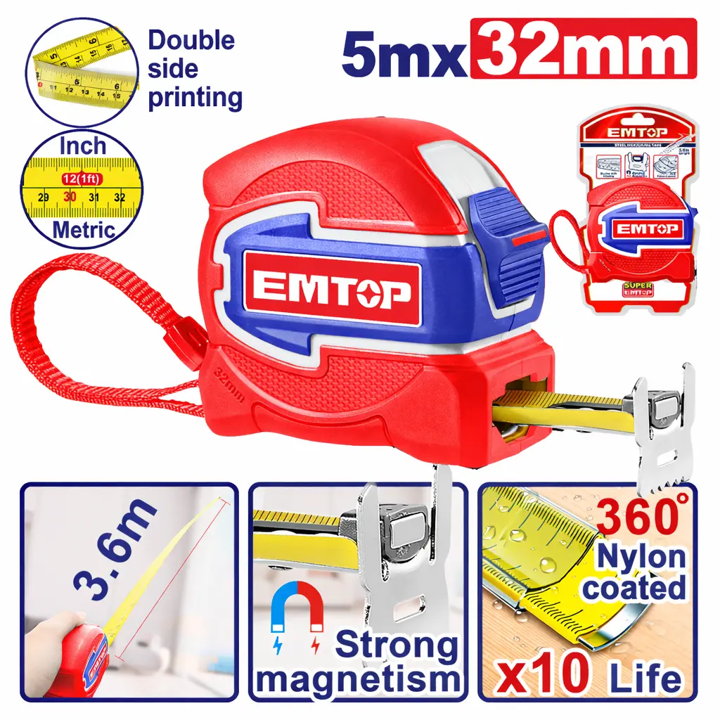 MEASURING TAPE DOUBLE SIDED NYLON COATED  5 M X 32 MM EMTOP