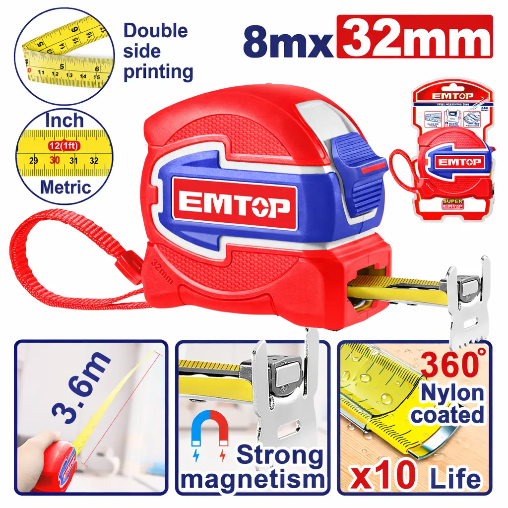 MEASURING TAPE DOUBLE SIDED NYLON COATED 8 MTS X 32 MM EMTOP