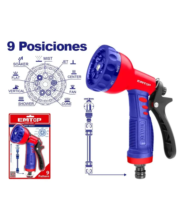 PISTOLA BOQUILLA DE AGUA DE PLÁSTICO AJUSTABLE A 9 MANERAS DIFERENTES DE SALIDA DEL AGUA CON CONECTOR RAPIDO DE 3/4”.