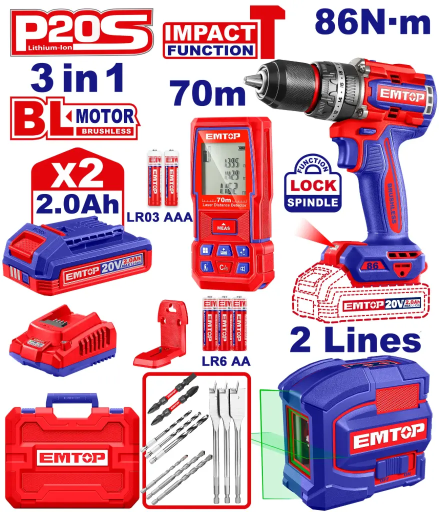 COMBO 20V TALADRO INALAMBRICO 1/2" 86N.M FUNCION DE IMPACTO + NIVEL LASER  0-35M + MEDIDOR LASER 70M + 2 BATERIAS 2.0AH Y CARGADOR INCLUYE ACCESORIOS