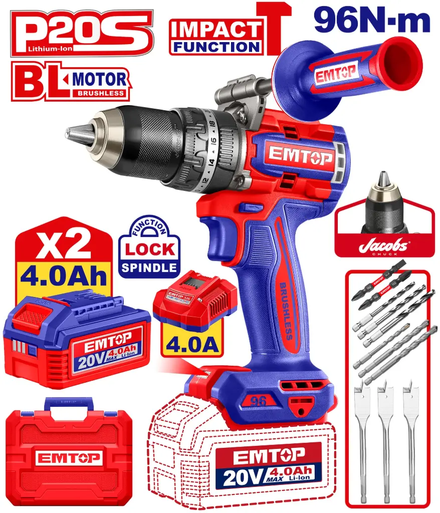 BRUSHLESS CORDLESS IMPACT DRILL 96N.M 20V EMTOP