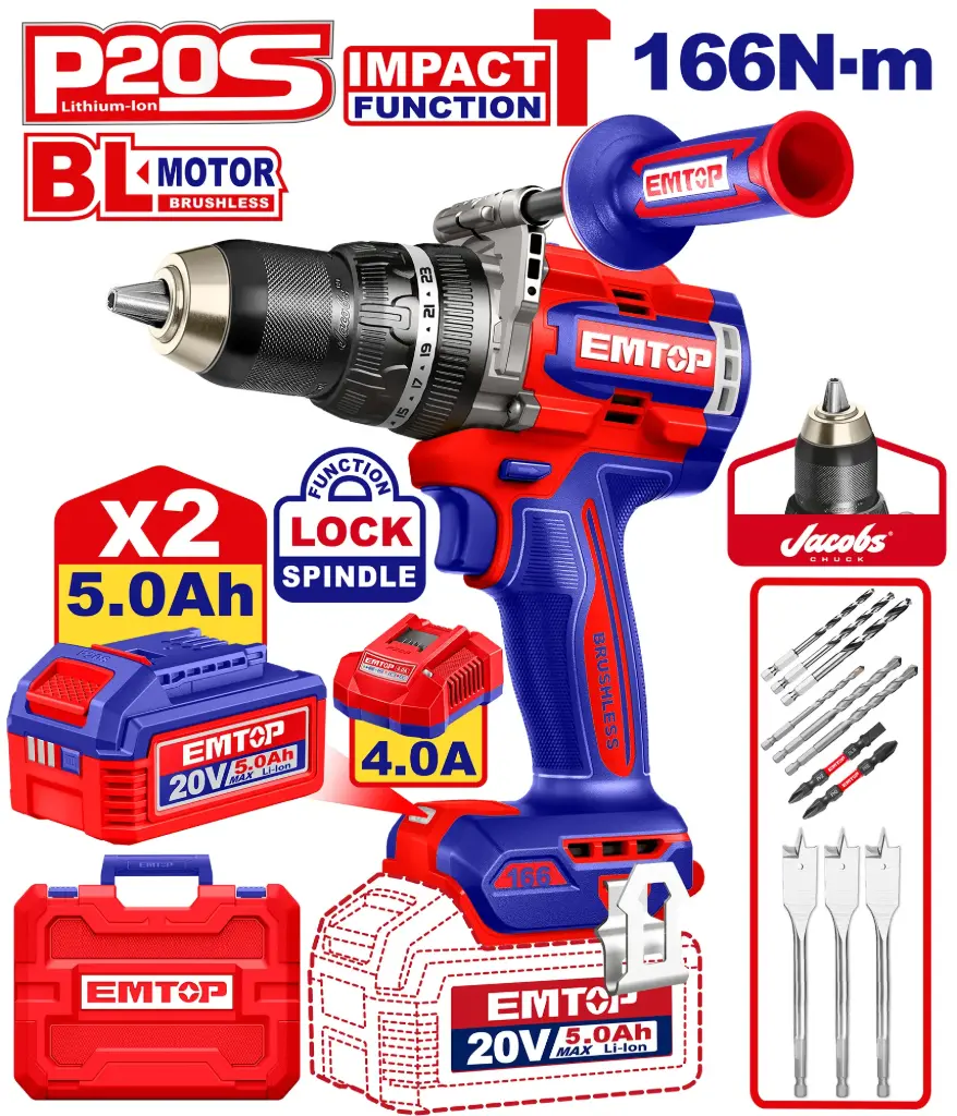 TALADRO INALAMBRICO 166N.M 20V FUNCION DE IMPACTO, MOTOR SIN ESCOBILLAS INCLUYE 2 BATERIAS 5.0AH, CARGADOR Y ACCESORIOS T