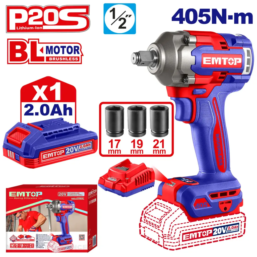 LLAVE IMPACTO DADO CUADRADO 1/2"  MOTOR SIN ESCOBILLAS  405 N.M INCLUYE 1 BATERIA DE 2.0AH , CARGADOR  Y 3 DADOS 17,19,21MM  CAJA CARTON