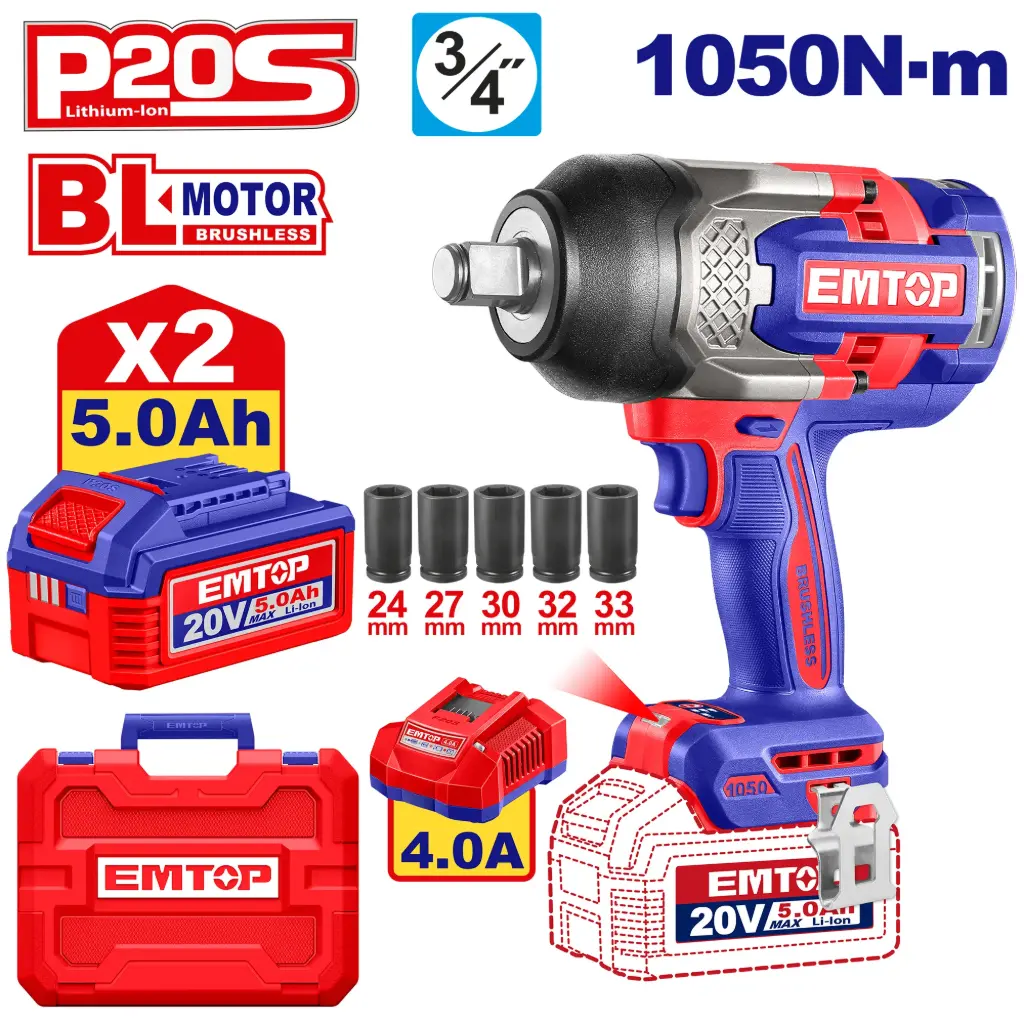 LLAVE IMPACTO DADO CUADRADO 3/4"  MOTOR SIN ESCOBILLAS  1050 N.M INCLUYE 2 BATERIA DE 5.0AH , CARGADOR  Y 5 DADOS 24,27,30,32,33MM 