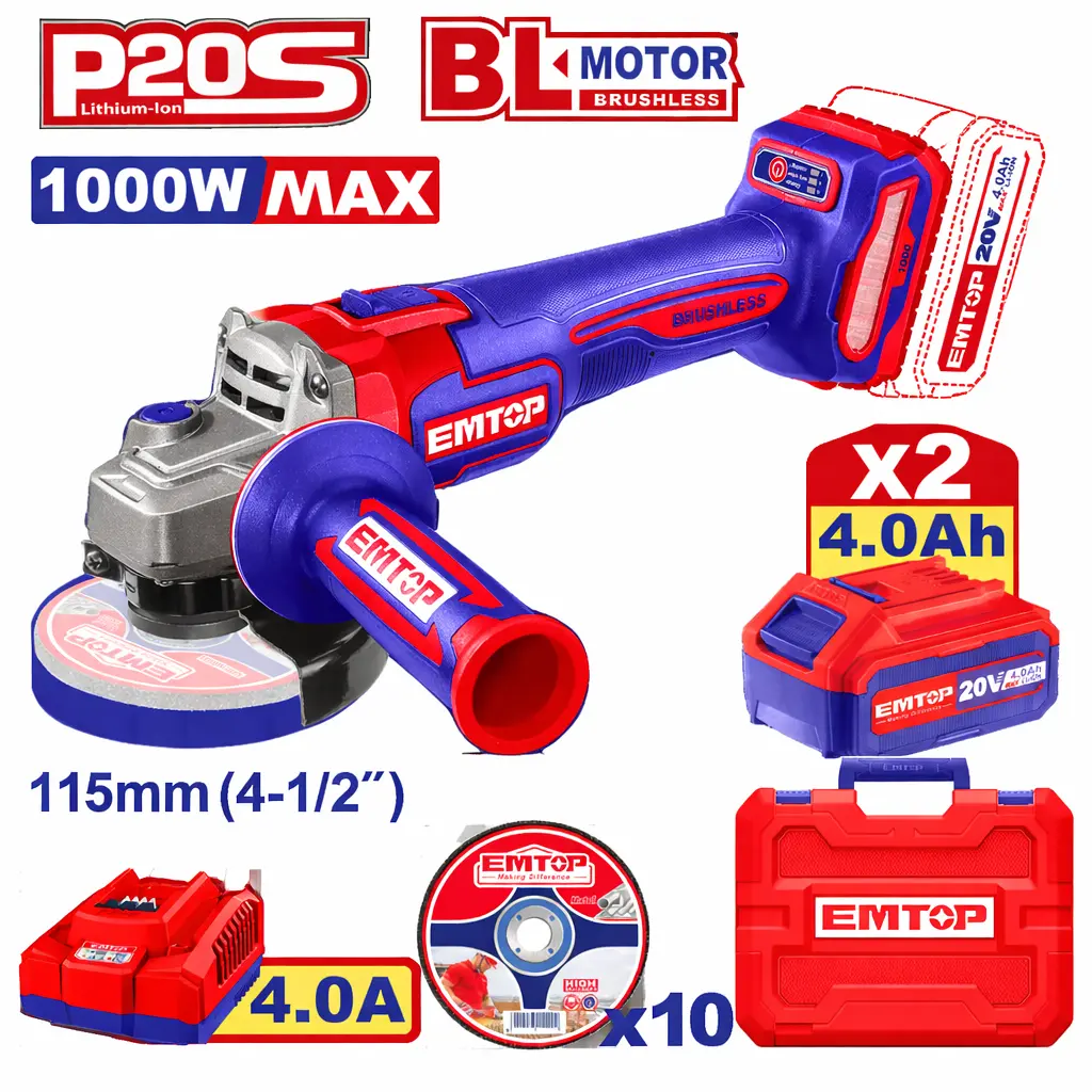 ESMERILADORA INALAMBRICA 4-1/2" 20V 1000W INCLUYE 2 BATERIA 4.0AH, CARGADOR Y 10 DISCOS DE CORTE DE METAL