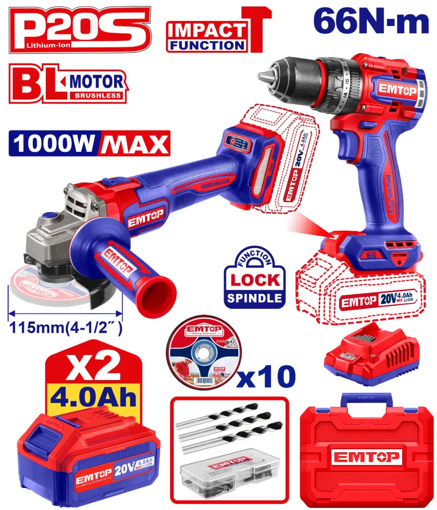 COMBO 20V ESMERILADORA INALAMBRICA 4-1/2" 20V 1000W  + TALADRO 1/2" 66N.M CON FUNCION DE IMPACTO INCLUYE 2 BATERIAS DE 4.0AH, CARGADOR Y ACCESORIOS