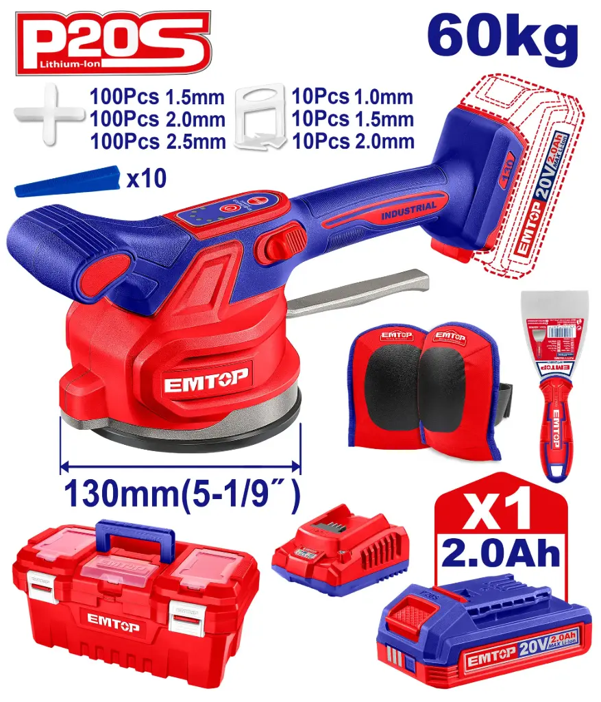 VIBRADOR DE BALDOSA INALAMBRICA 20V CON VENTOSA CAP 60KG INCLUYE 1 PAR DE RODILLERAS, ESPATULA, SEPARADORES DE BALDOSA (1.0-1.5-2.0), 1 BATERIA 2.0AH , CARGADOR Y CAJA HERRAMIENTA 