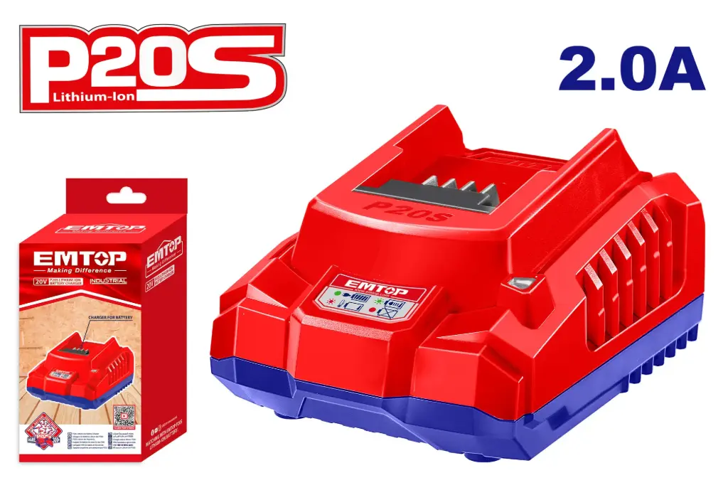 CARGADOR DE BATERIAS 20V  2.0 AH CON INDICADOR LED EMTOP