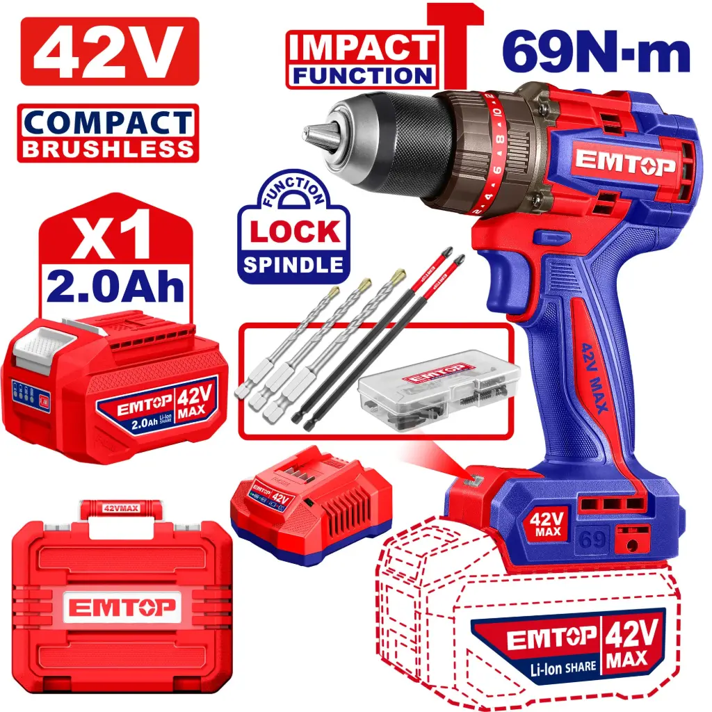 TALADRO INALAMBRICO 69N.M 42V FUNCION DE IMPACTO, MOTOR SIN ESCOBILLAS INCLUYE 1 BATERIA 2.0AH, CARGADOR Y ACCESORIOS 