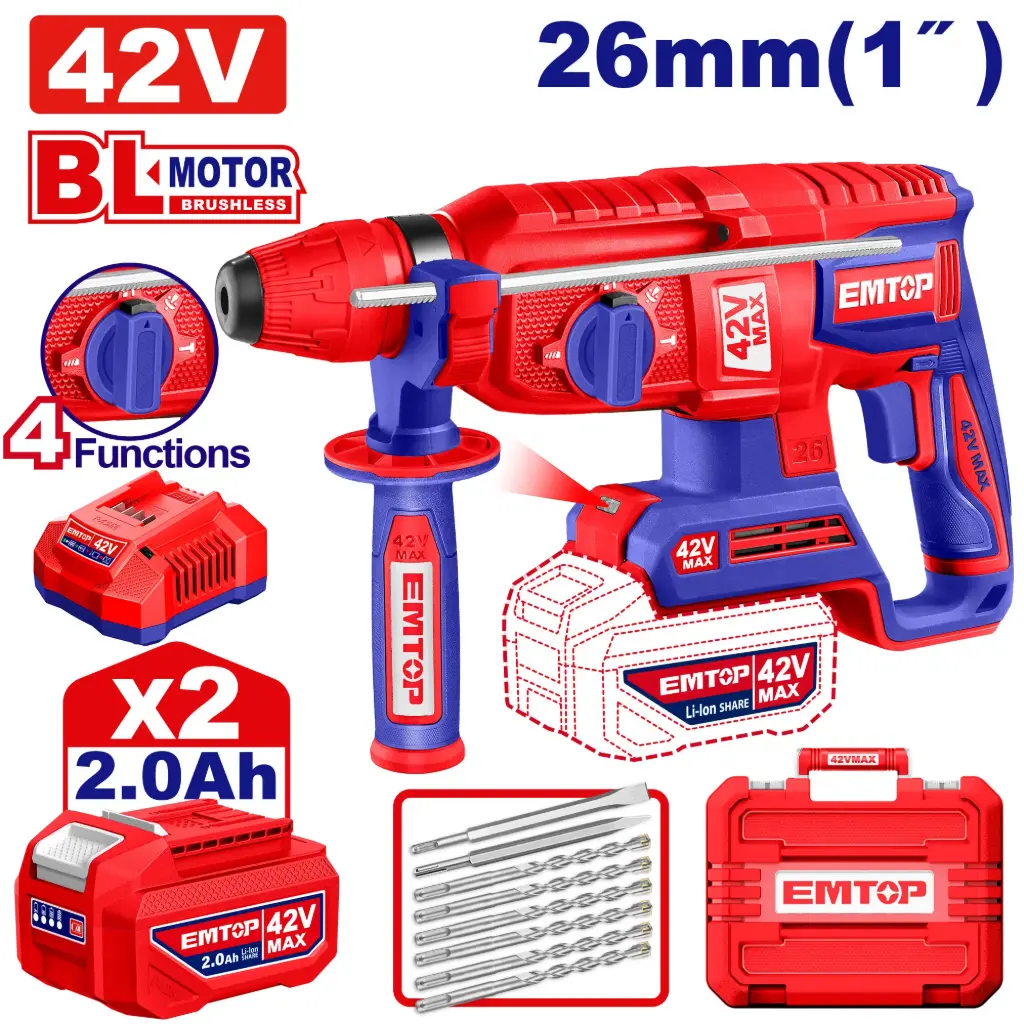 TALADRO ROTOMARTILLO 1" SDS PLUS 42V  2.5 JULES INCLYE  2 BATERIAS 2.0 AH, 1 CARGADOR  Y ACCESORIOS