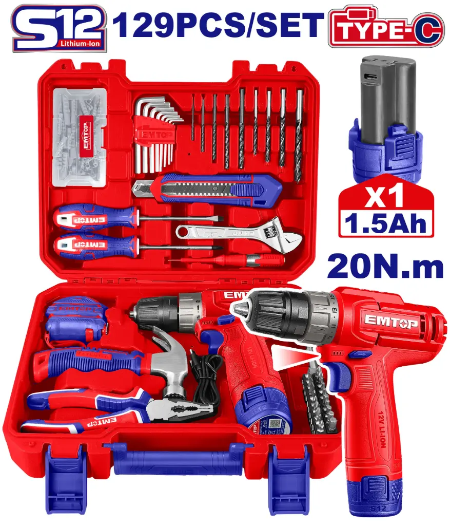 TALADRO INALÁMBRICO 12V 20NM CARGA USB TIPO C CON SET DE HERRAMIENTAS 129 PIEZAS. INCLUYE BATERÍA Y ACCESORIOS.