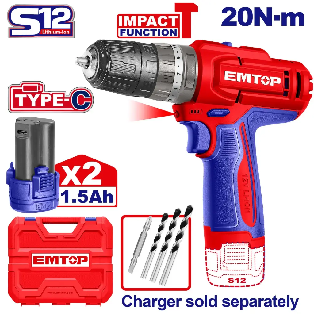 CORDLESS IMPACT DRILL 12V 1/32-3/8" EMTOP 