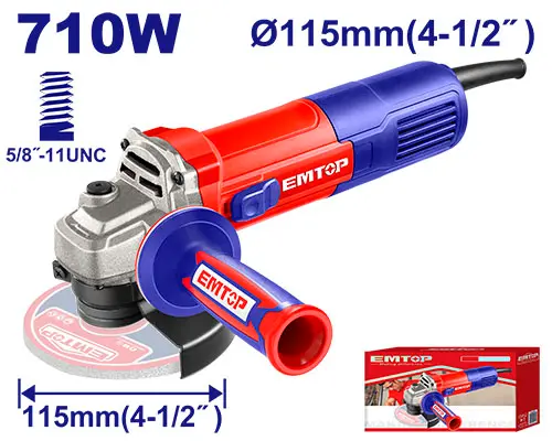 ANGLE GRINDER 4-1/2", 110–120 V, 50/60 HZ, 710 W, NO-LOAD SPEED 12,000 RPM, 5/8"–11 UNC SPINDLE, AUXILIARY HANDLE INCLUDED EMTOP