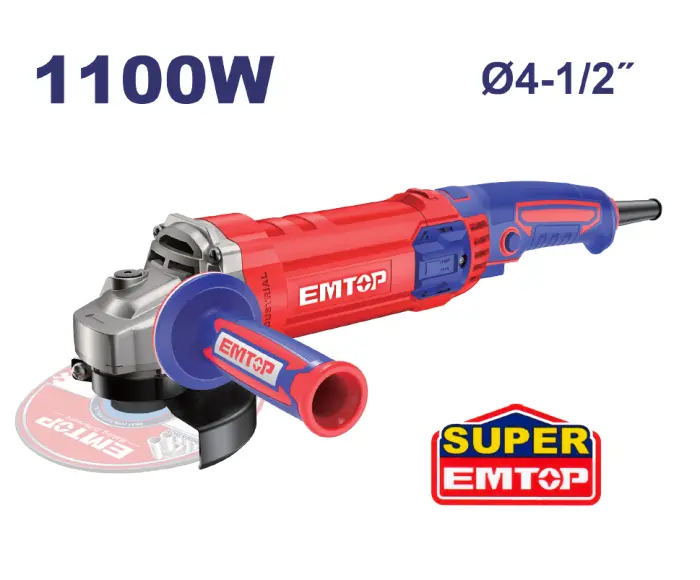 ANGLE GRINDER 4-1/2" , 110–120 V, 50/60 HZ, 1100 W, NO-LOAD SPEED 12,000 RPM, 5/8"–11 UNC SPINDLE, AUXILIARY HANDLE INCLUDED EMTOP