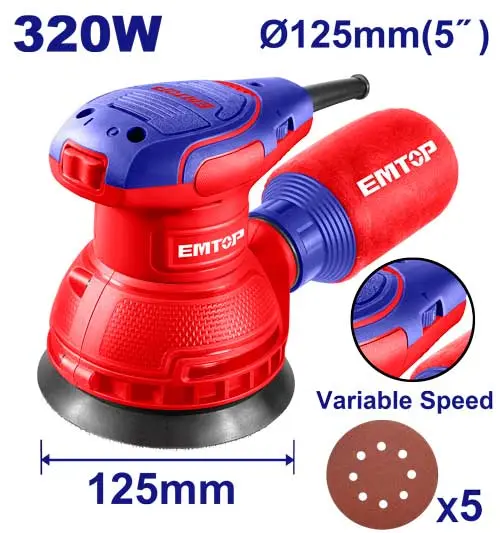 LIJADORA ORBITAL DE 110-120V~50HZ-60HZ. POTENCIA 320W. VELOCIDAD MAX. 13000 RPM. D DE PAD: 125 MM CIRCULAR ROTATIVA.