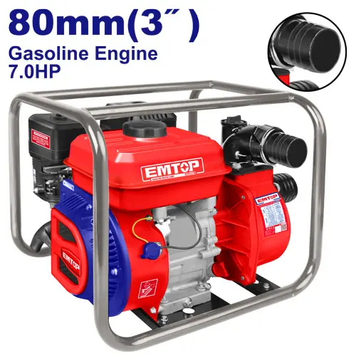 BOMBA AGUA A GASOLINA 7.0 HP, SALIDA 80MM DIAM. FLUJO MAX. 1000L/MIN(LIFT 32M) CAP. TANQUE 3.6L EMTOP