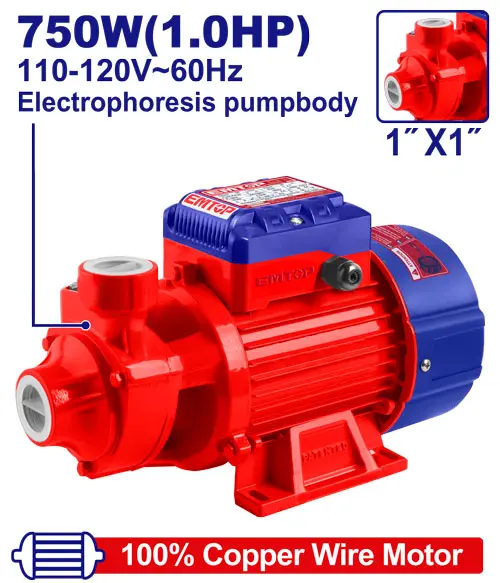 BOMBA DE AGUA PERIFÉRICA DE ALTO RENDIMIENTO 750W 1 HP VOLTAJE: 110-120V. FLUJO MÁXIMO: 46L. SUCCIÓN: 8M EMTOP