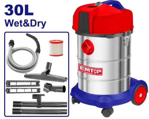 ASPIRADORA DE LIMPIEZA SECO O MOJADO 30 L. 1400 W. TANQUE ACERO INOXIDABLE. 110V-120V/60HTZ EMTOP INCLUYE ACCESORIOS