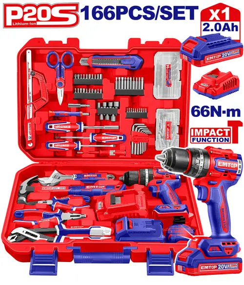 TALADRO INALAMBRICO 1/2" CON FUNCION DE IMPACTO, 20V  66 NM CON JUEGO DE HERRAMIENTAS 166 PIEZAS, INCLUYE BATERIA 2.0AH, CARGADOR, ACCESORIOS.
