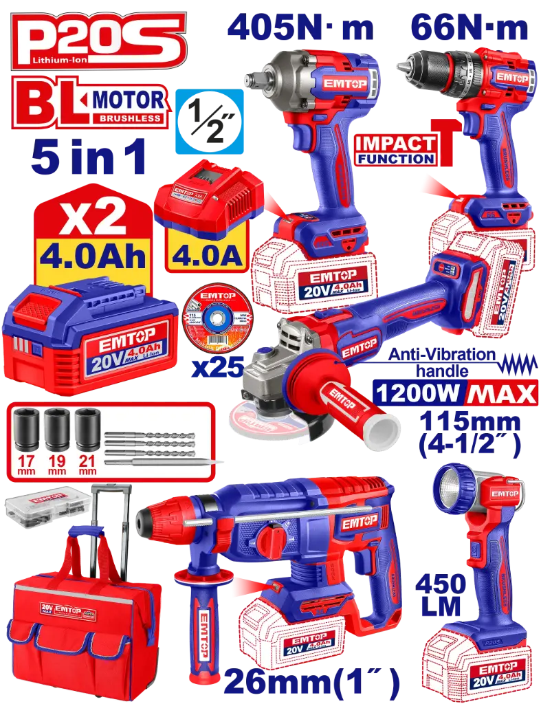 COMBO INALAMBRICO 20V TALADRO ROTOMARTILLO 1"  SDS PLUS 2,5 JULES + PISTOLA IMPACTO INALAMBRICA 1/2" 405NM +  TALADRO DE IMPACTO 1/2" 66NM + PULIDORA  4 1/2" 1200W  + LINTERNA INALAMBRICA 450 LUMENES  + 2 BATERIAS 4.0AH + CARGADOR INCLUYE ACCESORIOS