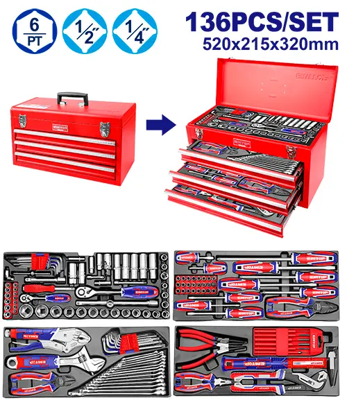 SET X 136 PIEZAS DE HERRMAIENTA EN CAJA METALICA 3 NIVELES. SE VENDE EN JUEGO