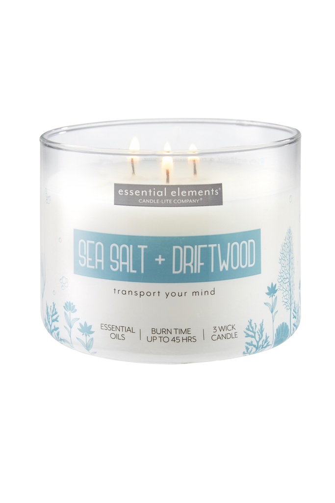 14.75 oz. 3 wick Shrink Sleeve w/Metal Lid Sea Salt & Driftwood