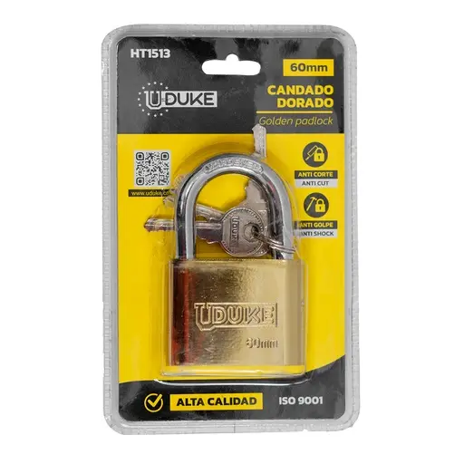 [HT1513] CANDADO 60MM DORADO PULIDO EN BLISTER UDUKE