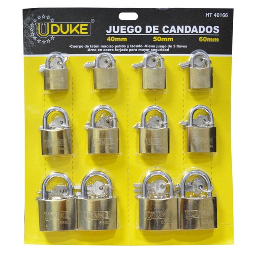 [HT40166] CANDADO DORADO 40-50-60 12PCS PULIDO CON 3 LLAVES