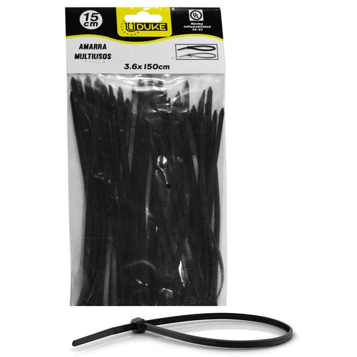 [HT70032] AMARRA CORREA PLASTICA NEGRA    3.6 x 150 MM 15 CM 100 UND