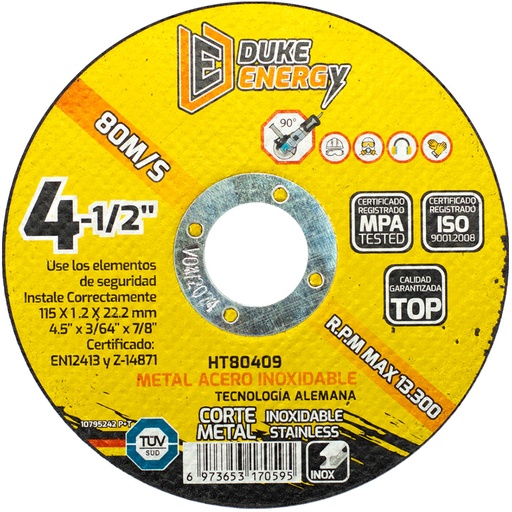 [HT80409] DISCO 4 1/2 CORTE METAL ACERO INOX 2 EN 1 DUKE ENERGY TECNOLOGIA ALEMANA