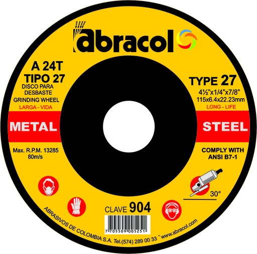 [ABD7A0024096] DISCO DE DESBASTE ABRACOL TIPO 27 A24T 9" 230 X 6.4 X 22.23 MM